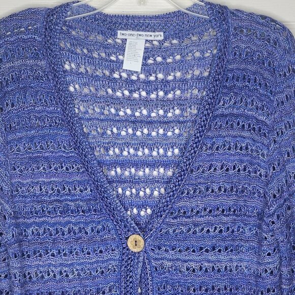 Two-One-Two New York Purple L Open Knit Crochet Button US Made Sweater Cardigan - Picture 2 of 8